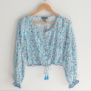 Sans Souci Boho Blue & Orange Floral Long Balloon Sleeves Crop Top, NWT, Size S